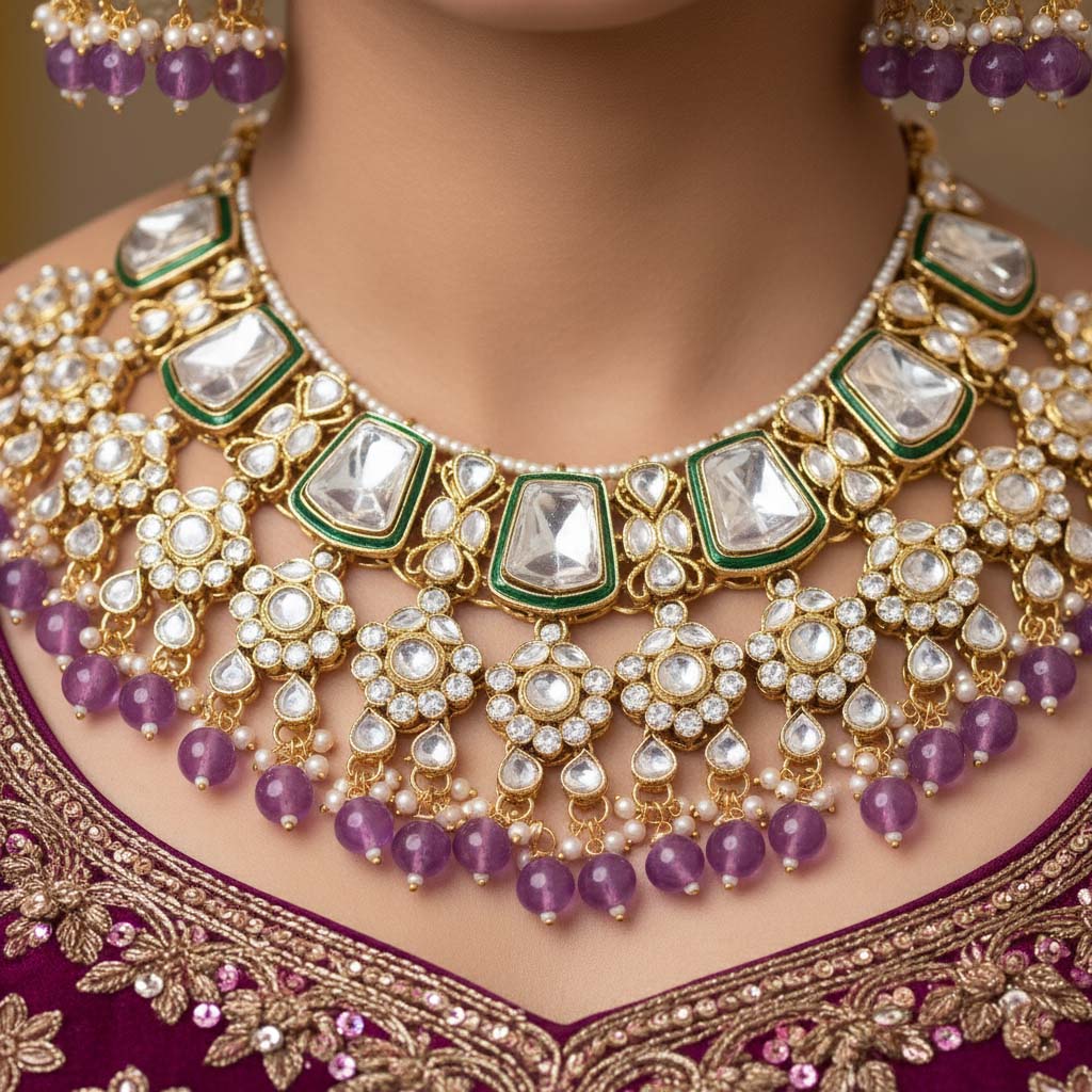 Royal Purple Color Kundan Necklace Set With Gold And Gem Detailing