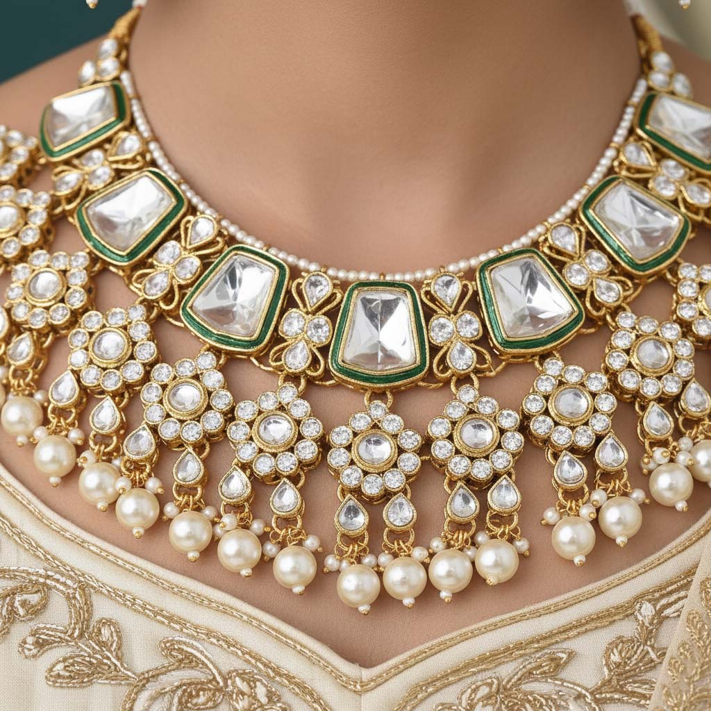 Luxurious White Color Kundan Necklace Set For Classic Bridal Looks