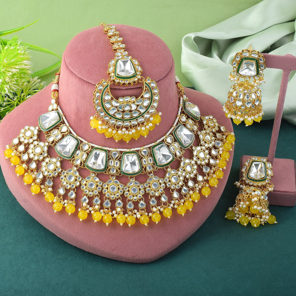 Sunshine Yellow Color Kundan Necklace Set For Daytime Events
