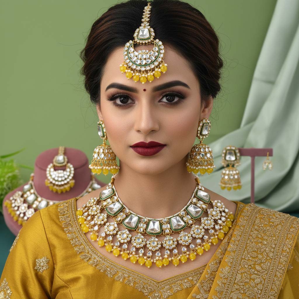 Sunshine Yellow Color Kundan Necklace Set For Daytime Events