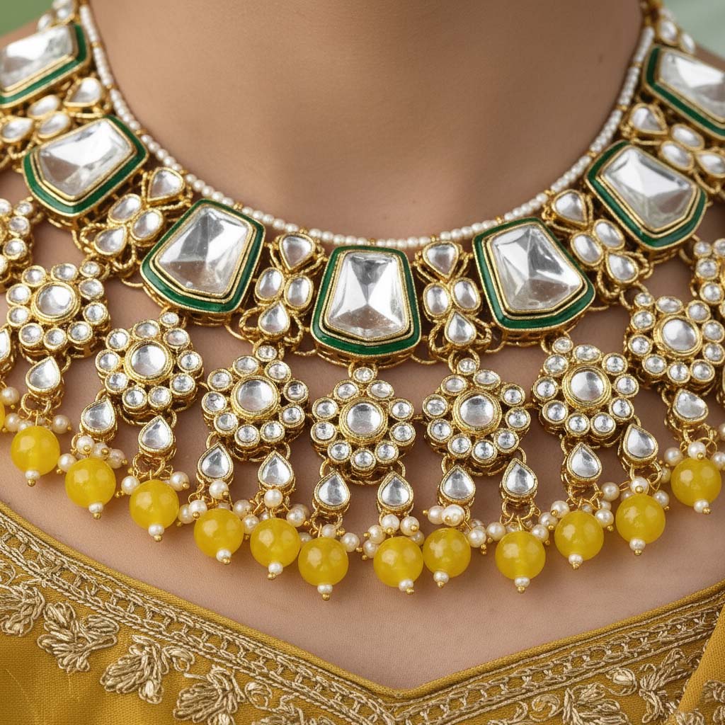 Sunshine Yellow Color Kundan Necklace Set For Daytime Events