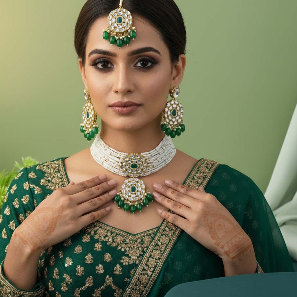 Classic Green Color Choker Kundan Necklace Set For Ethnic Dressing