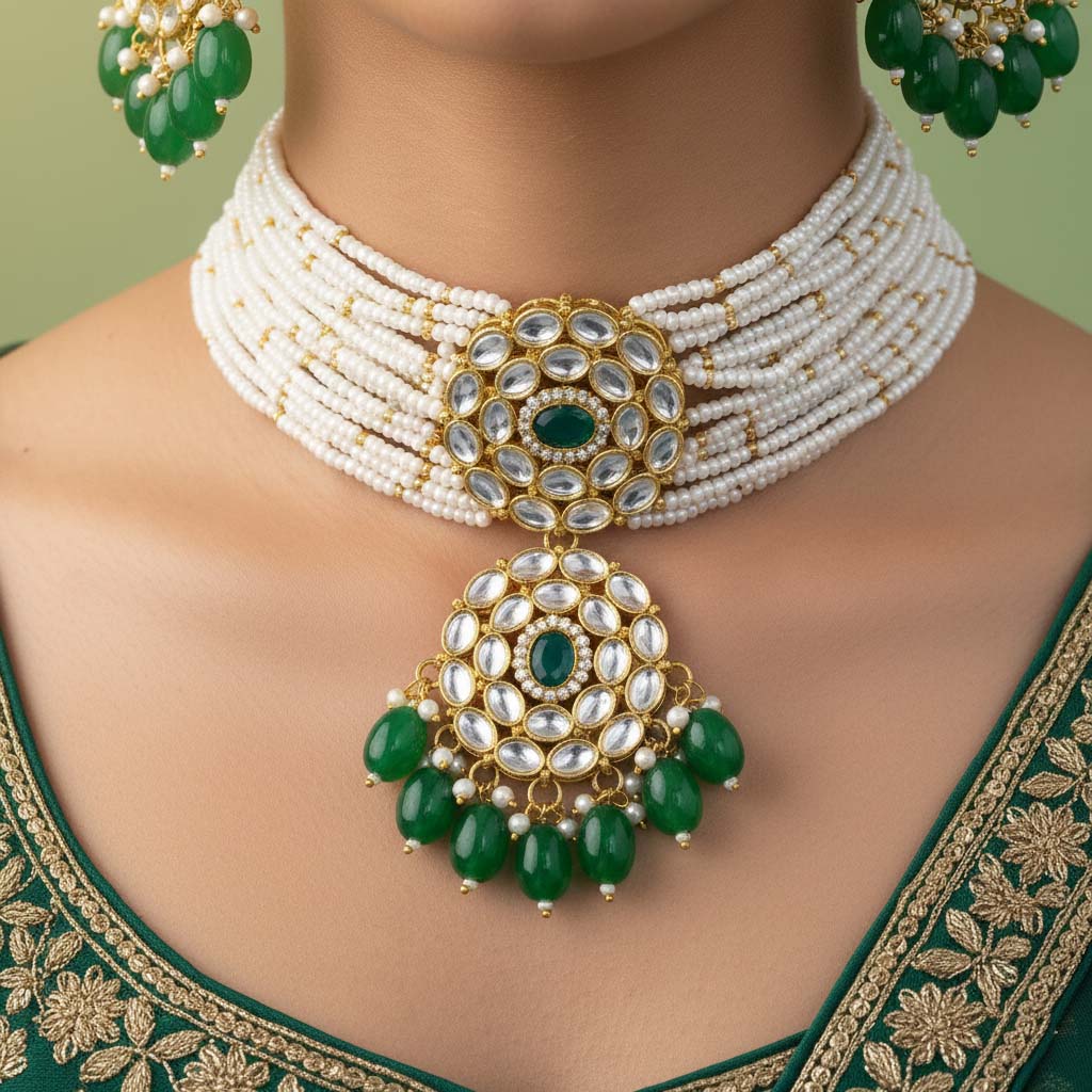 Classic Green Color Choker Kundan Necklace Set For Ethnic Dressing