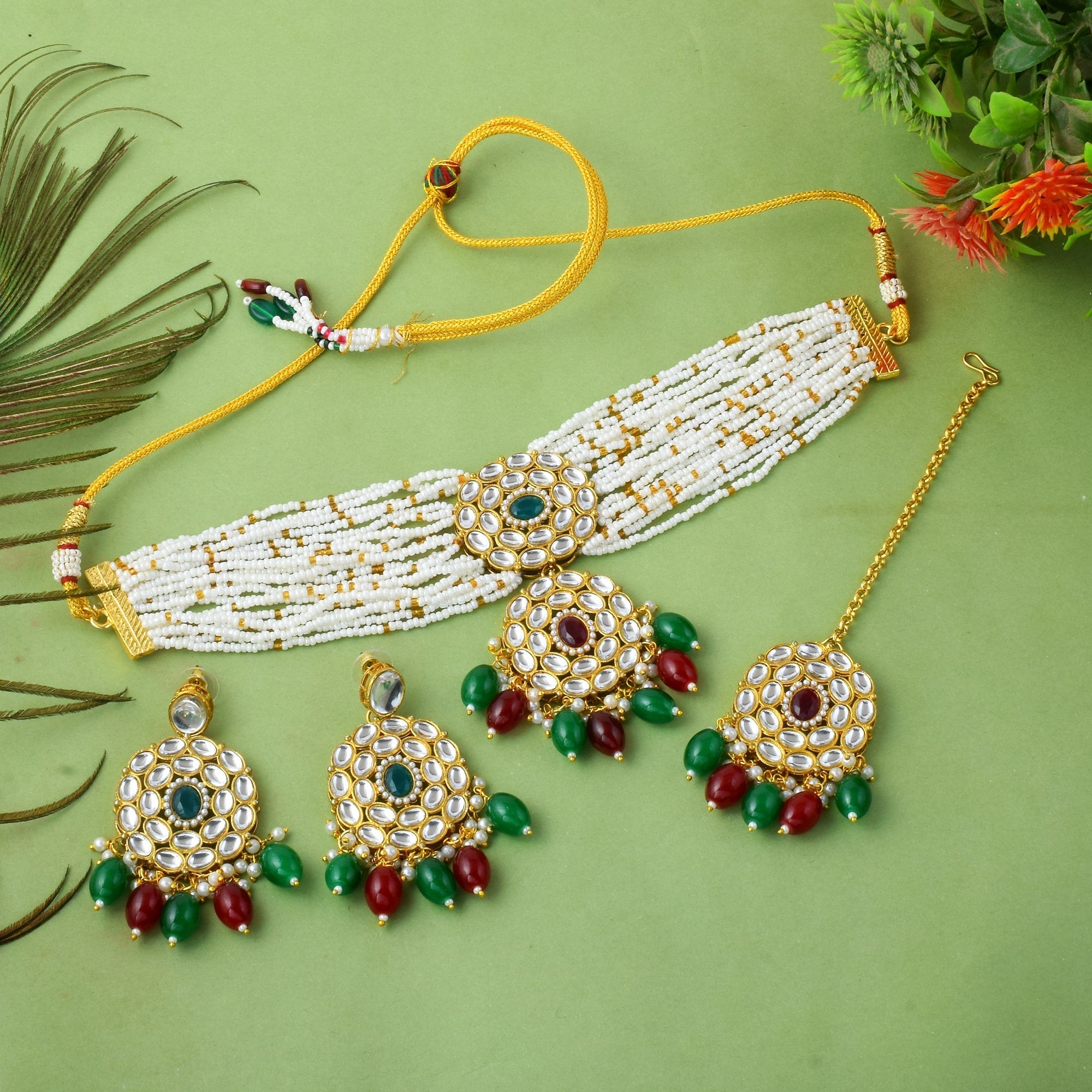 Dual Maroon & Green Color Choker Kundan Necklace Set For Weddings