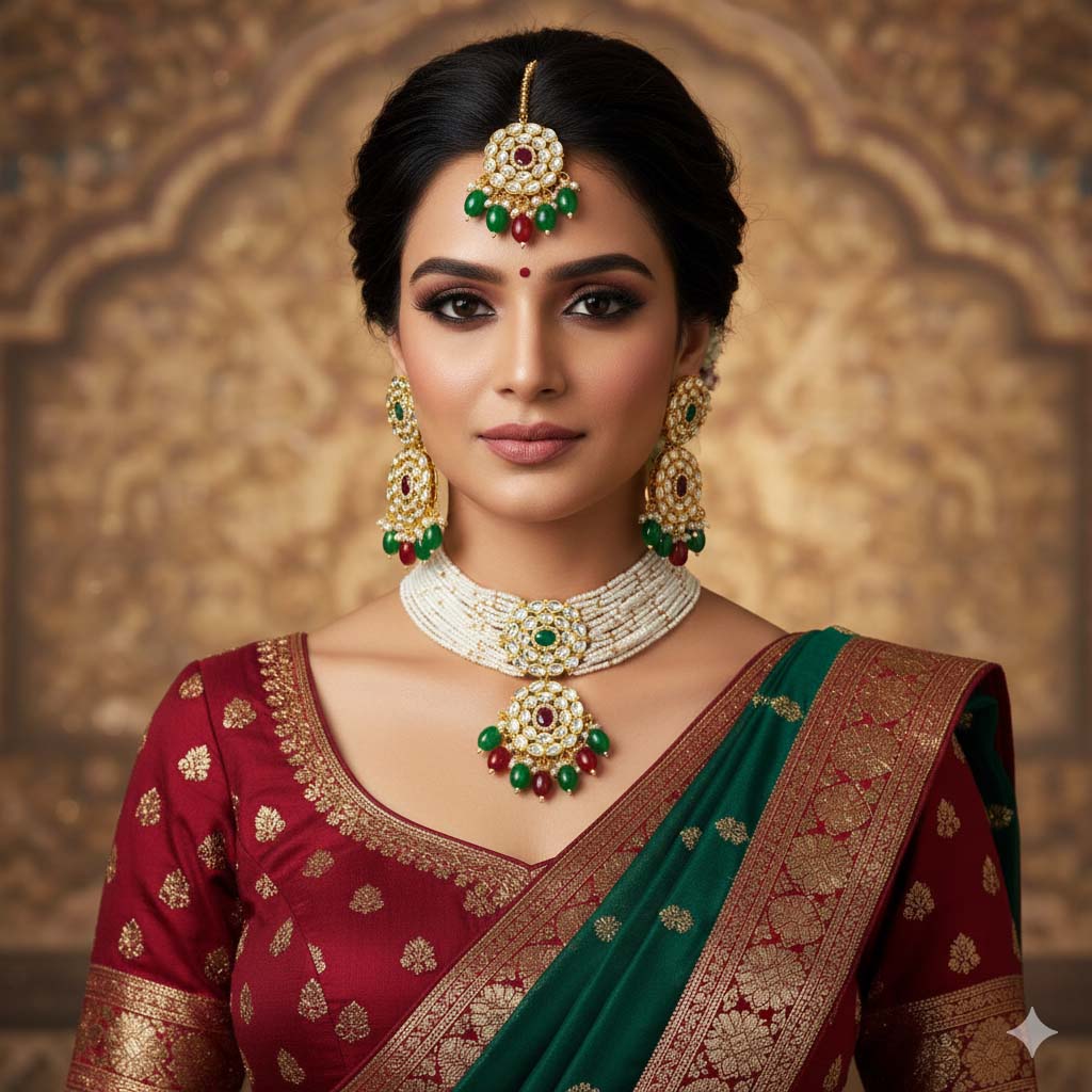 Dual Maroon & Green Color Choker Kundan Necklace Set For Weddings