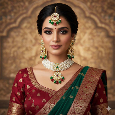 Dual Maroon & Green Color Choker Kundan Necklace Set For Weddings