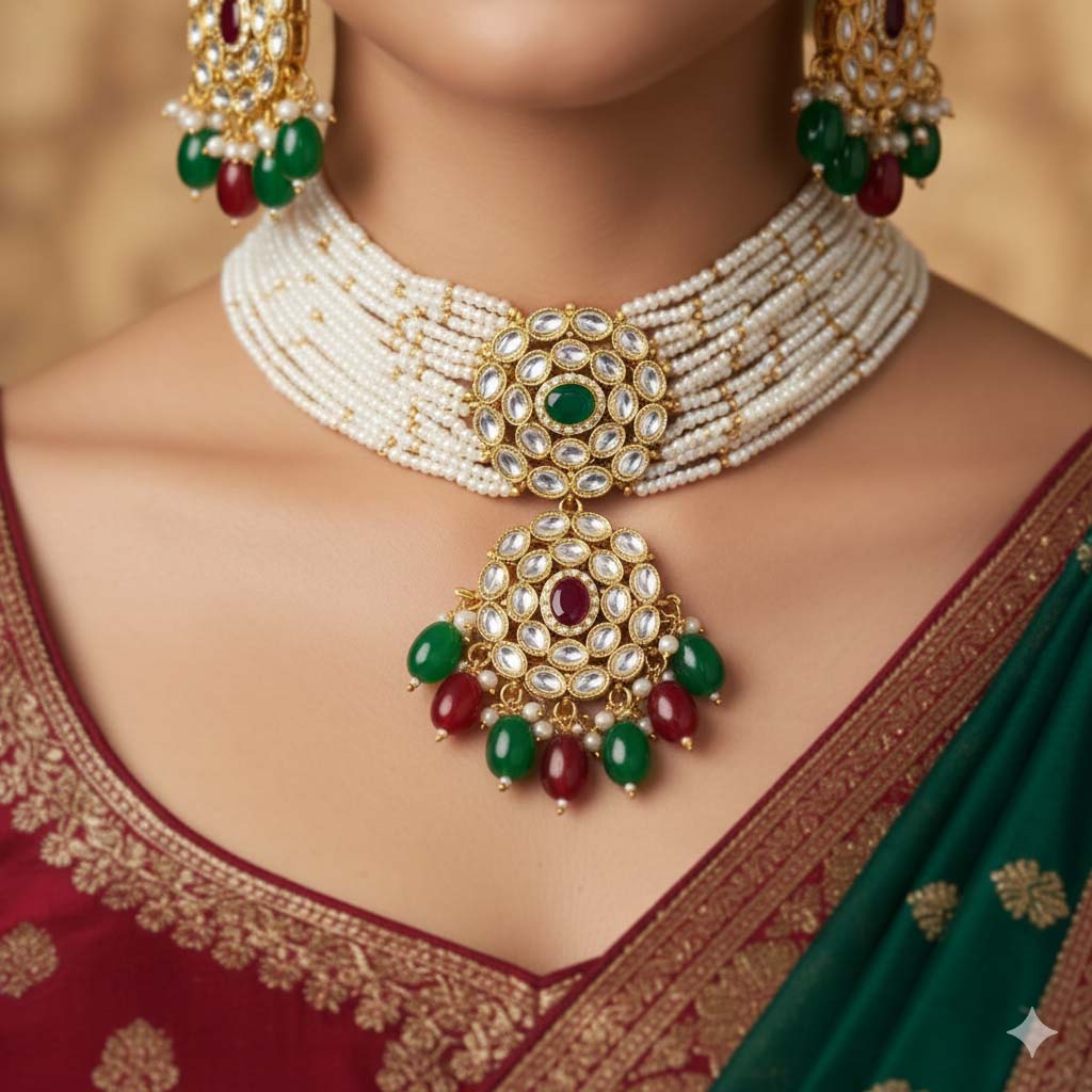 Dual Maroon & Green Color Choker Kundan Necklace Set For Weddings