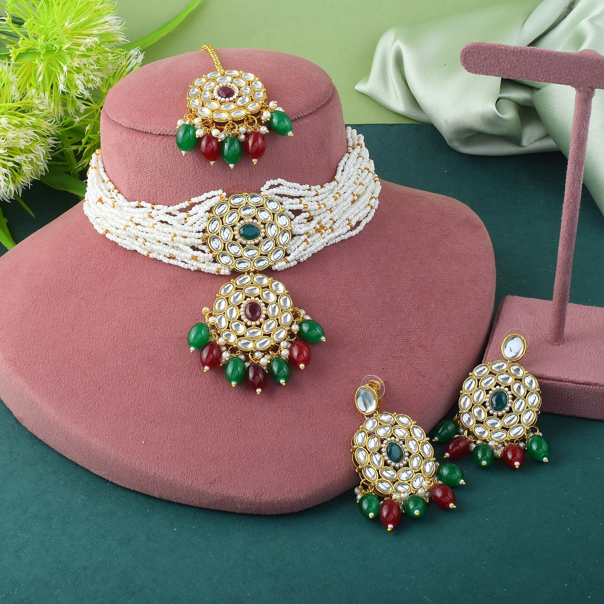 Dual Maroon & Green Color Choker Kundan Necklace Set For Weddings