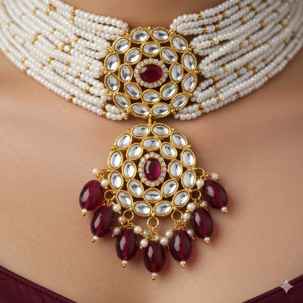 Eye-Catching Magenta Color Choker Kundan Necklace Set For Events