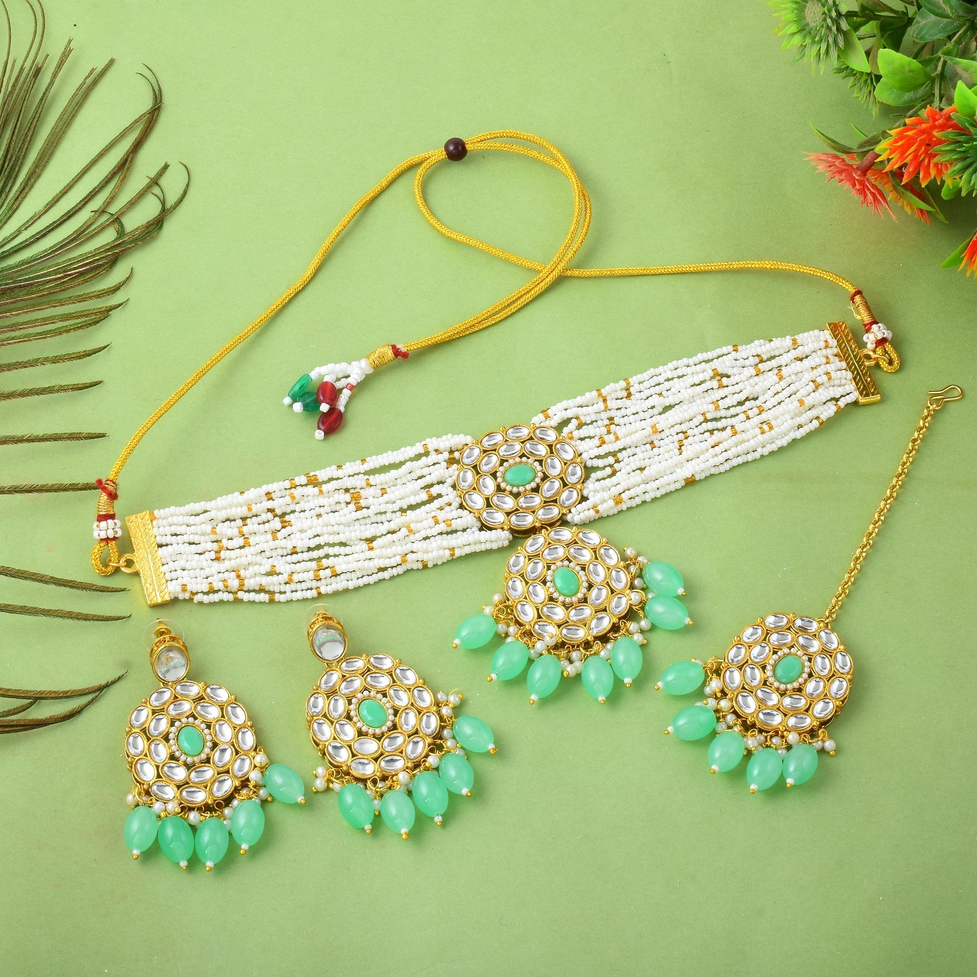 Stylish Pista Green Color Choker Kundan Necklace Set For Parties