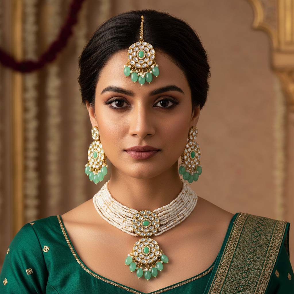 Stylish Pista Green Color Choker Kundan Necklace Set For Parties