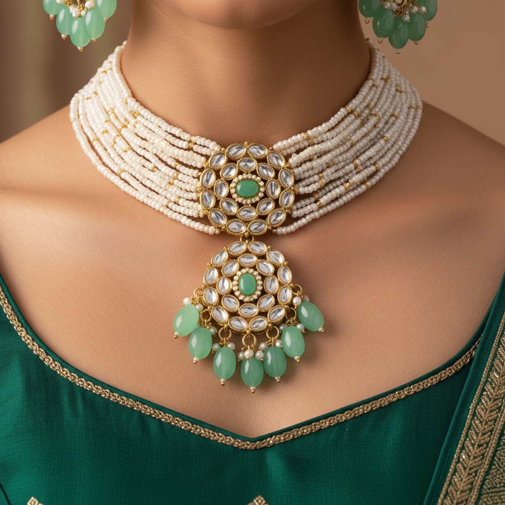 Stylish Pista Green Color Choker Kundan Necklace Set For Parties