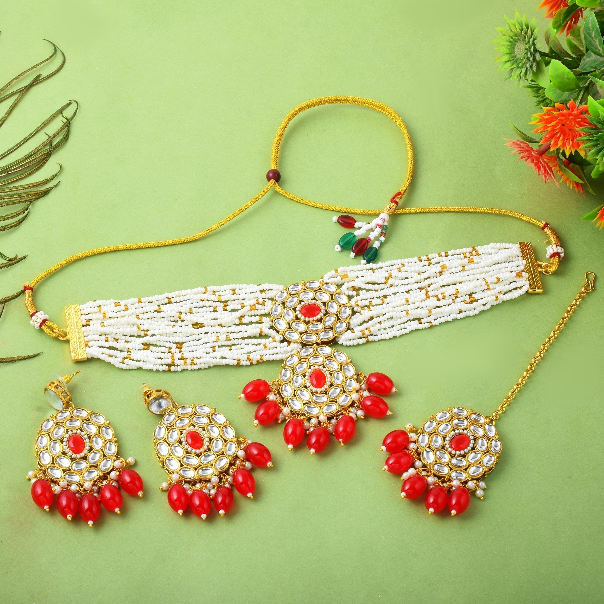 Vibrant Red Color Choker Kundan Necklace Set With Classic Embellishment