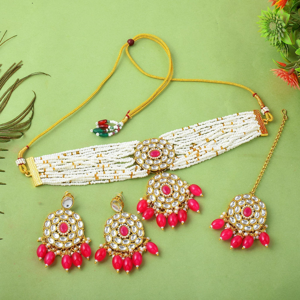 Traditional Rani Color Choker Kundan Necklace Set For Festive Vibes