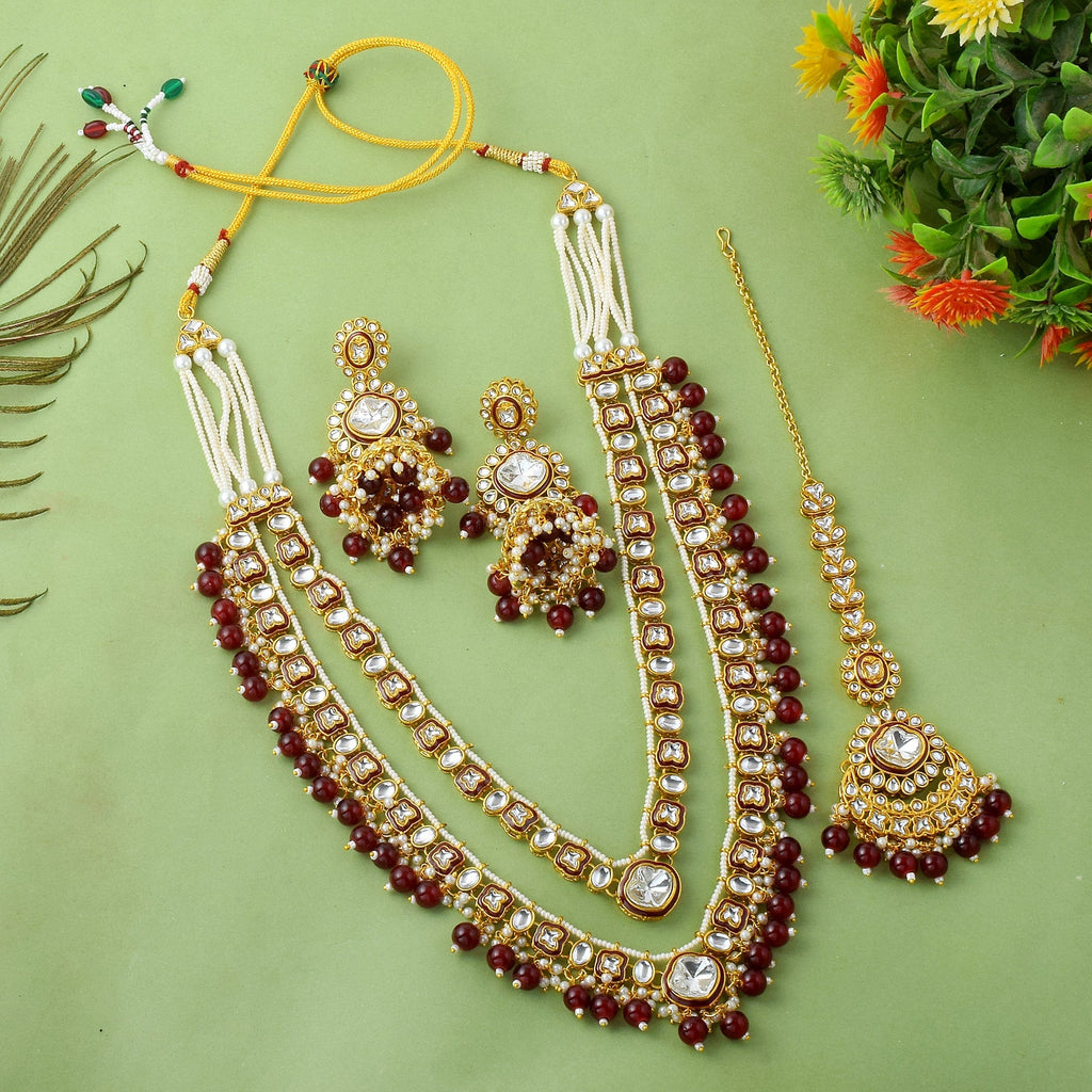 Deep Maroon Color Kundan Necklace Set With Wedding Stone Highlights