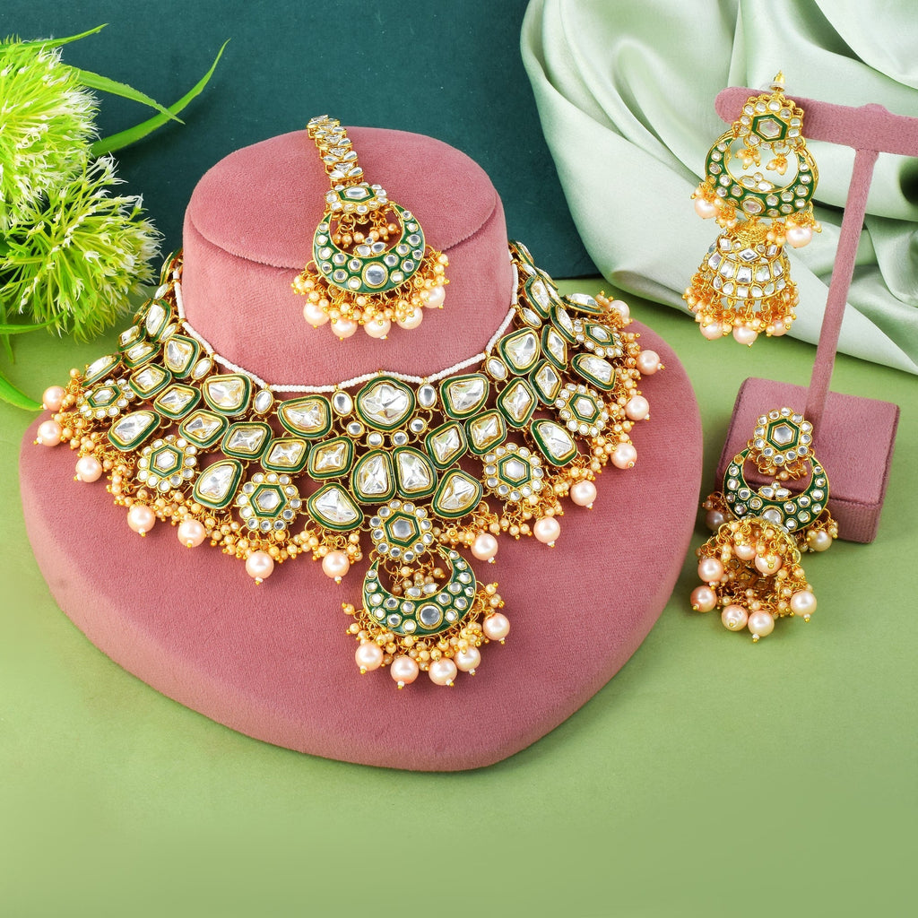 Traditional Gold Color Kundan Necklace Set For Wedding Celebrations