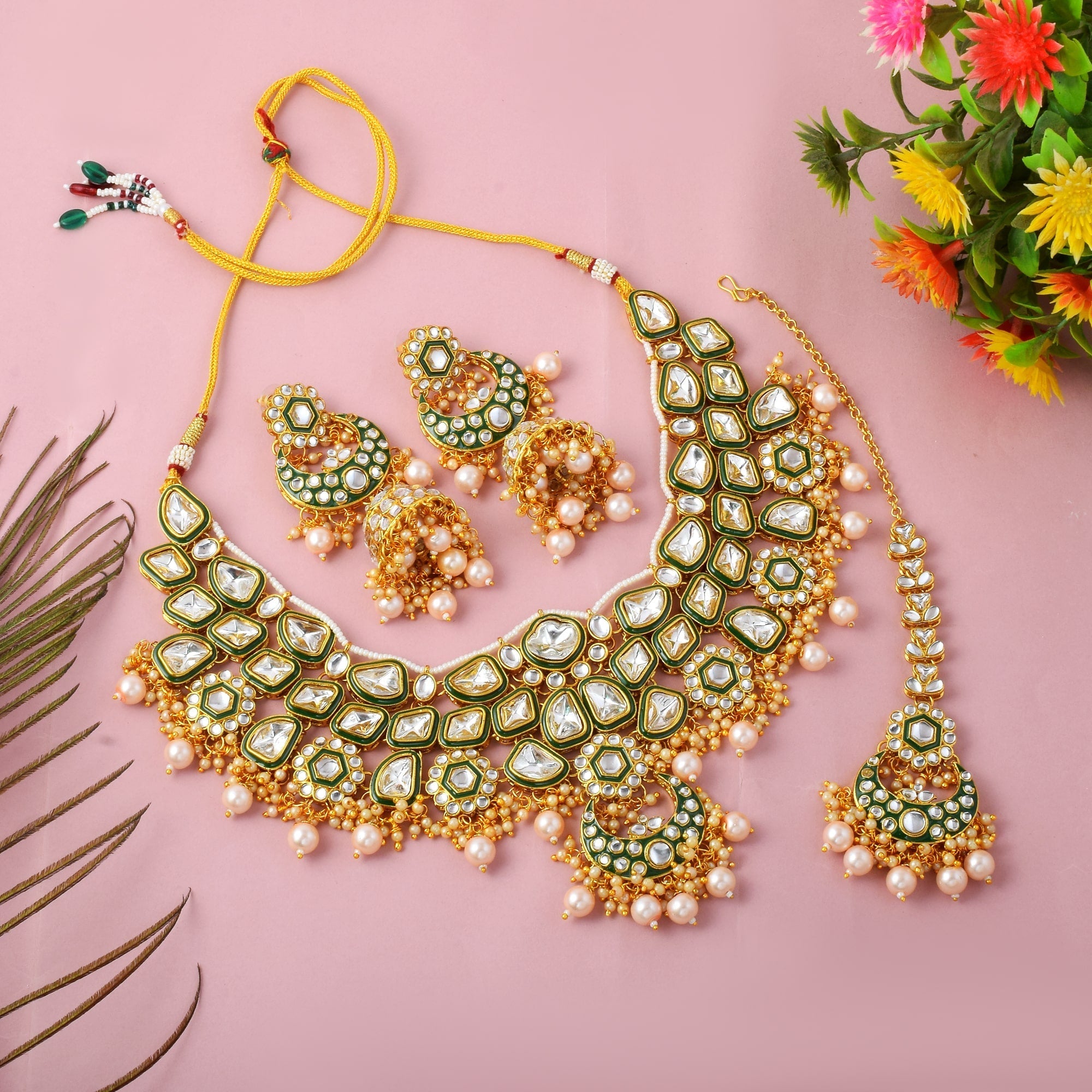 Traditional Gold Color Kundan Necklace Set For Wedding Celebrations