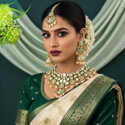 Traditional Gold Color Kundan Necklace Set For Wedding Celebrations