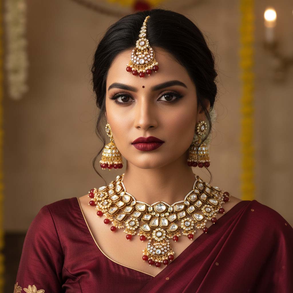 Beautiful Maroon Color Kundan Necklace Set With Elegant Gold Accents
