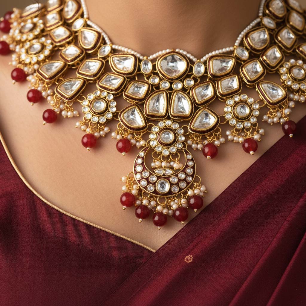 Beautiful Maroon Color Kundan Necklace Set With Elegant Gold Accents