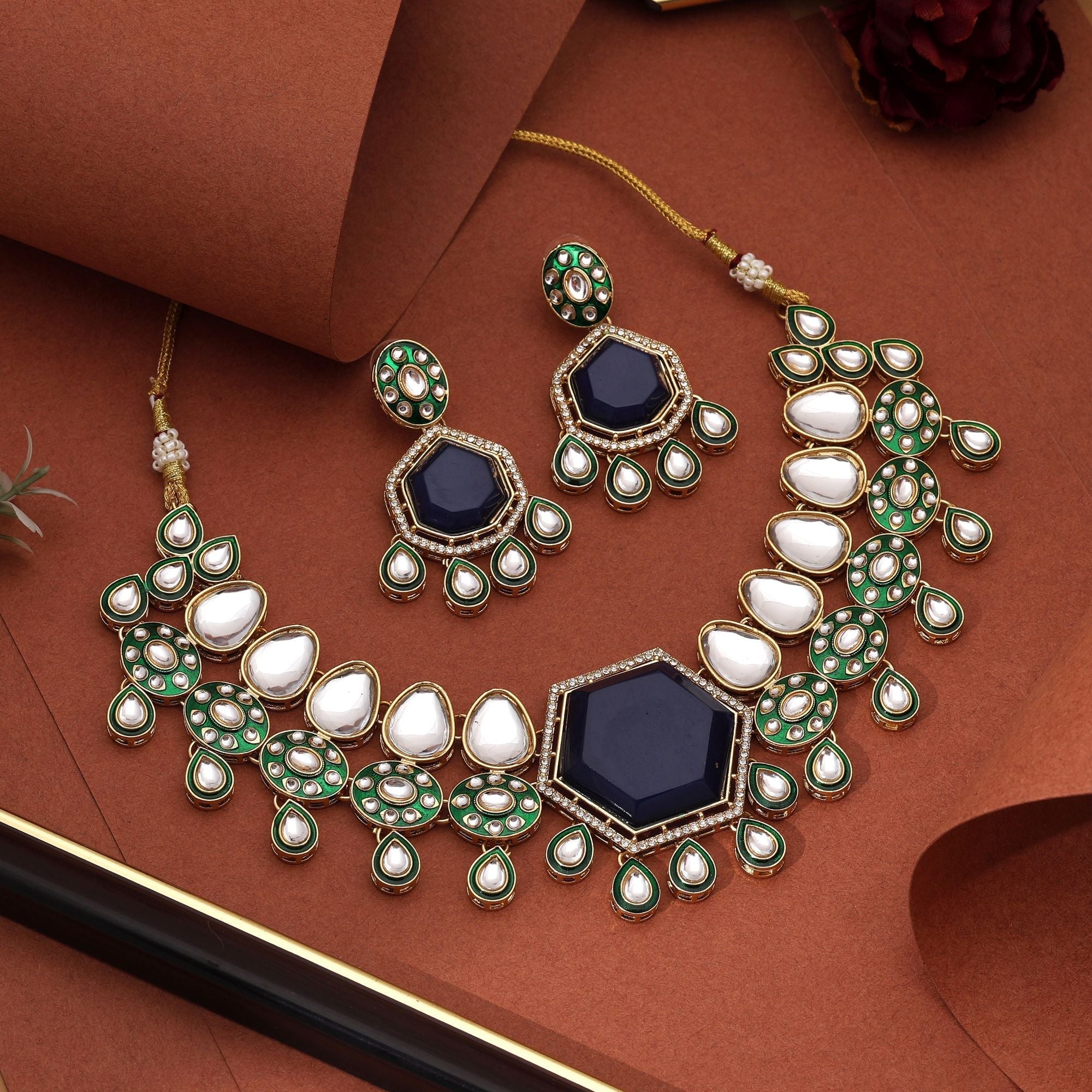 Stunning Blue Color Kundan Necklace Set For Party And Bridal Looks