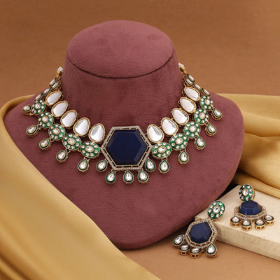 Stunning Blue Color Kundan Necklace Set For Party And Bridal Looks