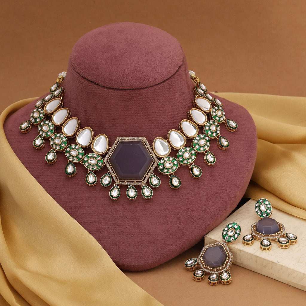 Modern Grey Color Kundan Necklace Set For Elegant Wedding Looks