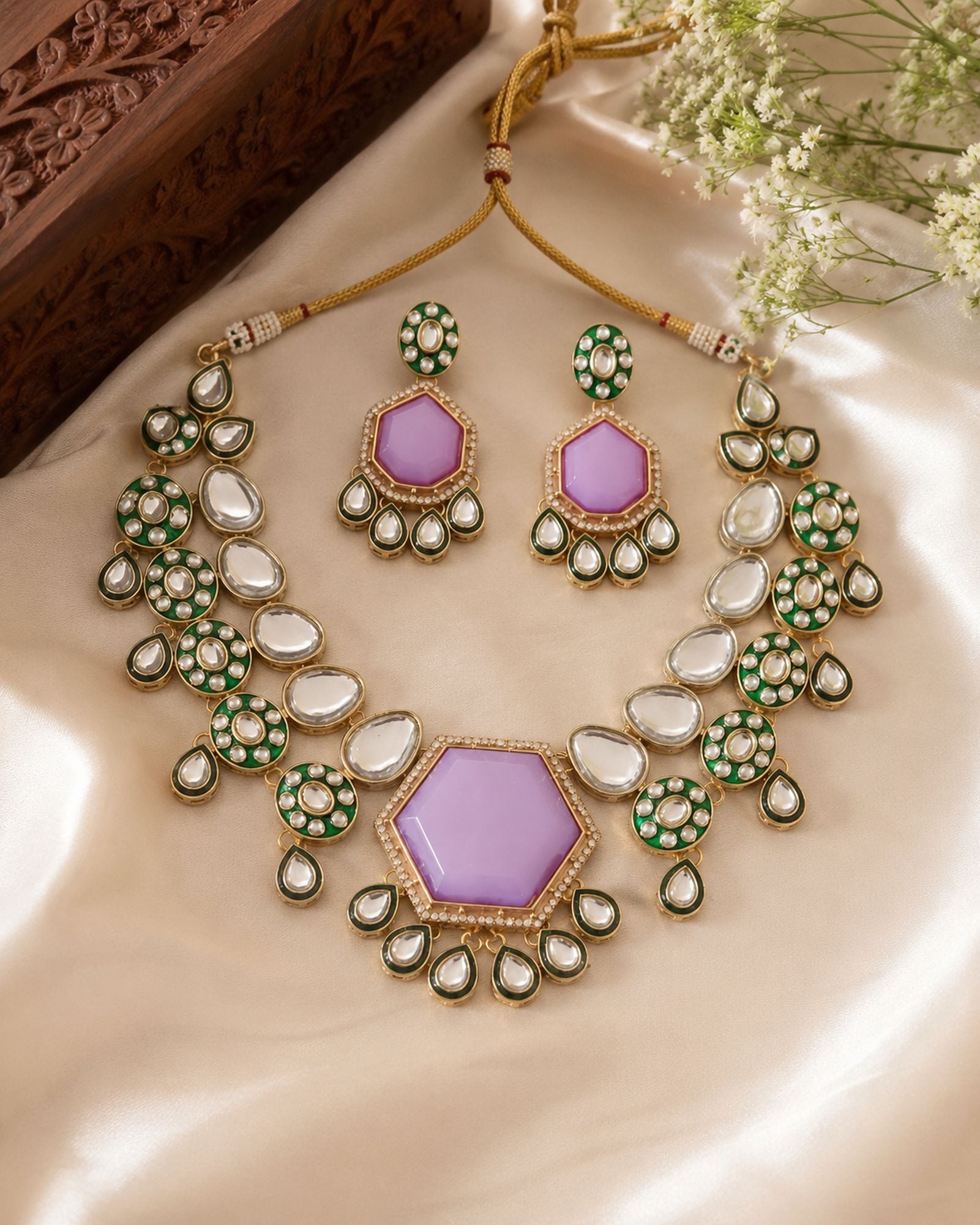 Exclusive Light Purple Color Kundan Necklace Set With Elegant Stones For Bridal Jewellery