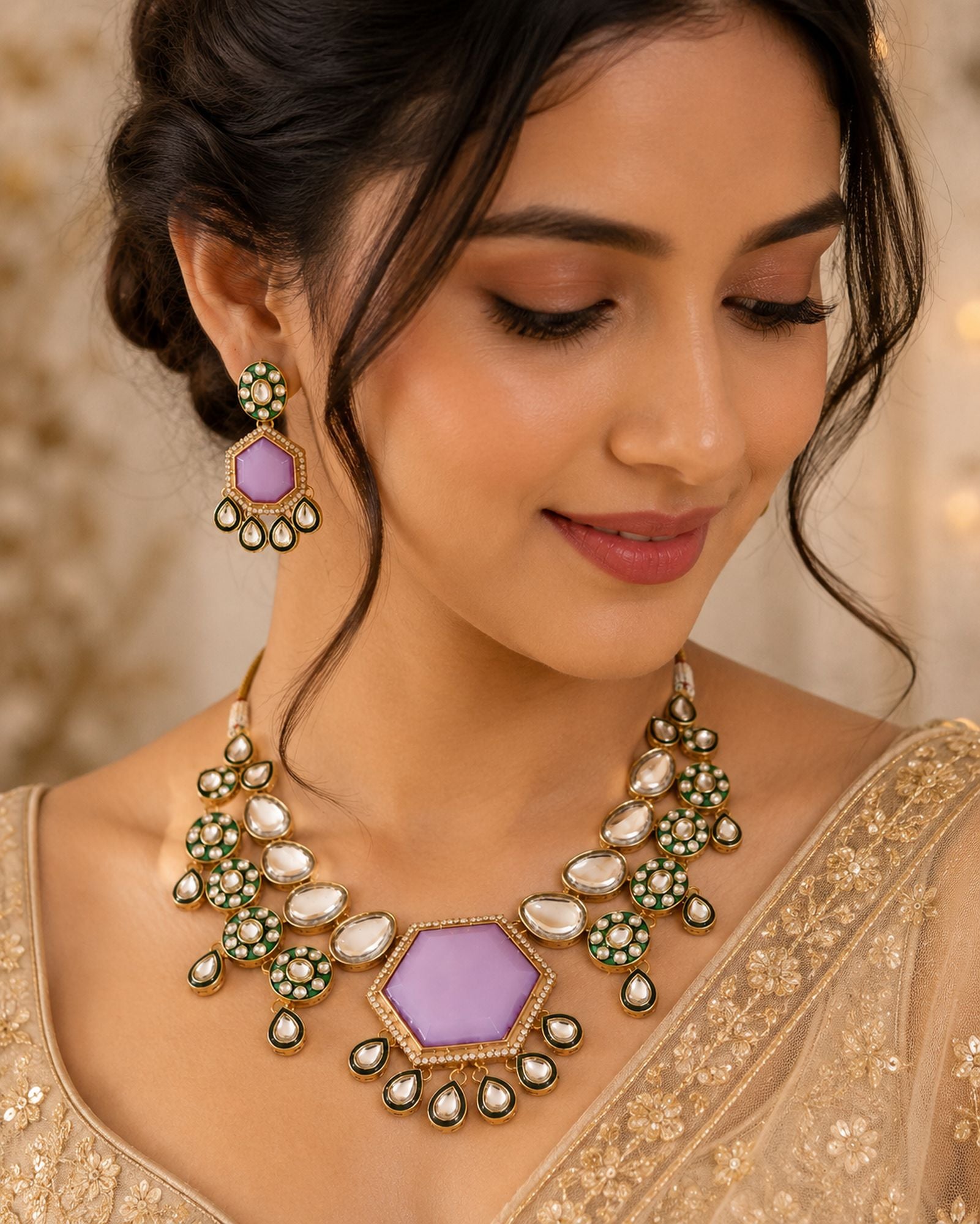 Exclusive Light Purple Color Kundan Necklace Set With Elegant Stones For Bridal Jewellery