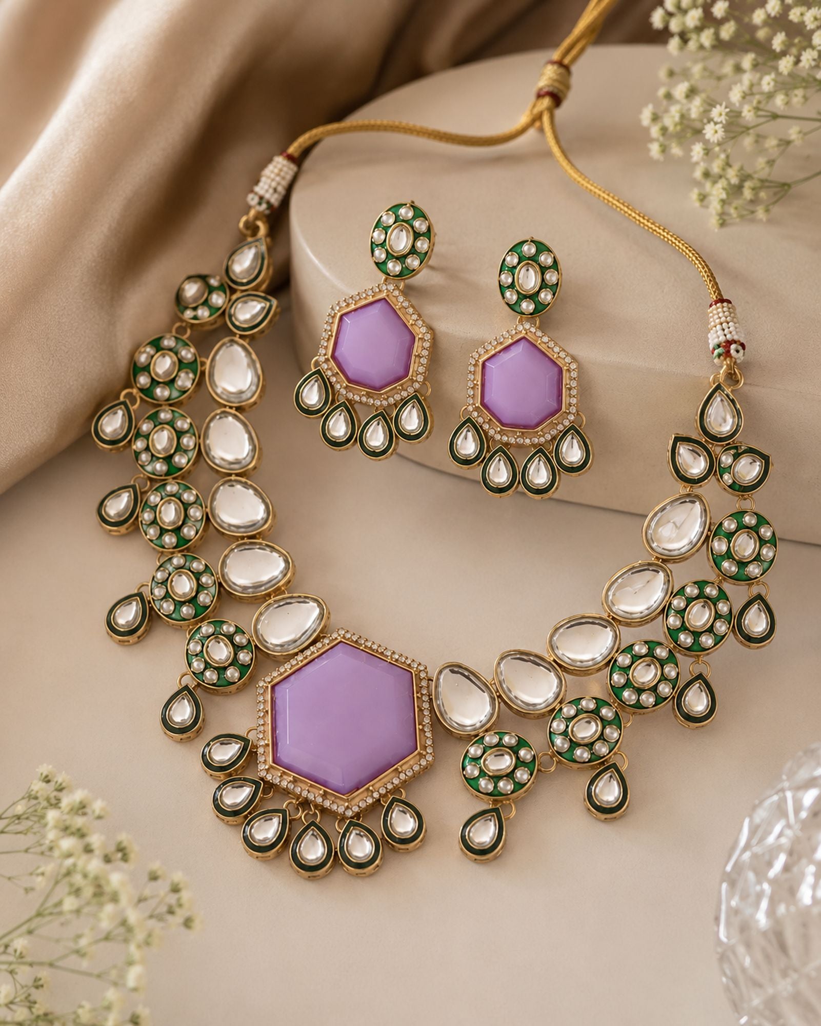 Exclusive Light Purple Color Kundan Necklace Set With Elegant Stones For Bridal Jewellery