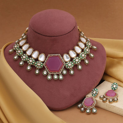 Exclusive Light Purple Color Kundan Necklace Set With Elegant Stones For Bridal Jewellery