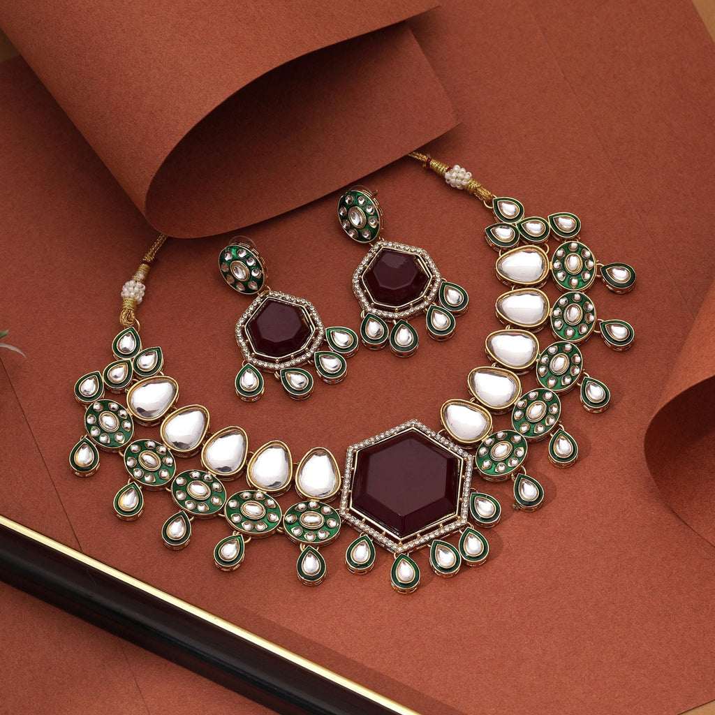 Royal Maroon Color Kundan Necklace Set With Antique Finish Perfect For Indian Brides