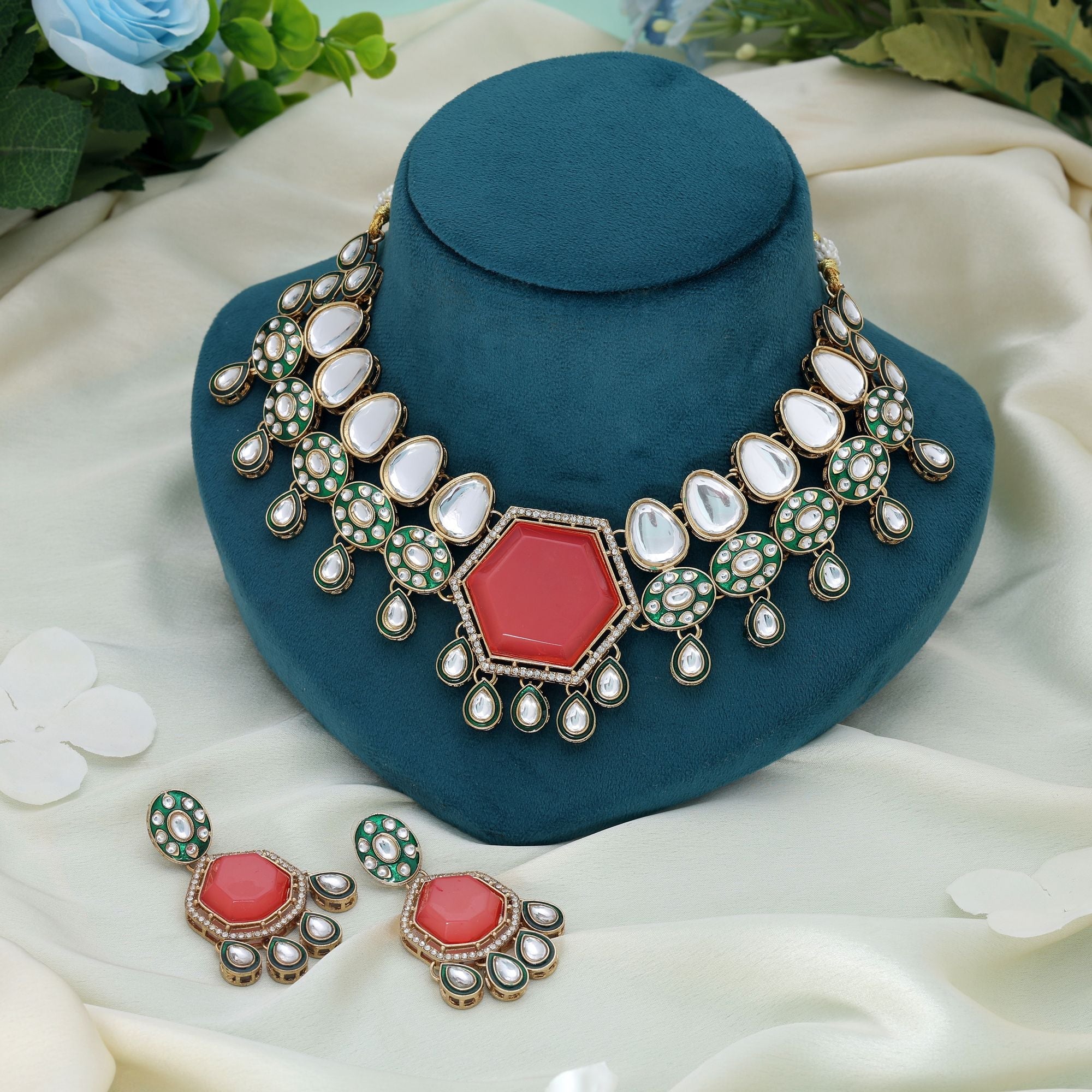 Orange Color Kundan Necklace Set Royal Traditional Bridal Statement Jewelry Design
