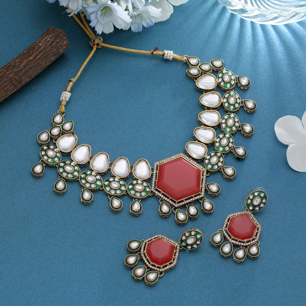Orange Color Kundan Necklace Set Royal Traditional Bridal Statement Jewelry Design