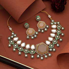 Elegant Off White Color Kundan Necklace Set With Matching Earrings For Timeless Look
