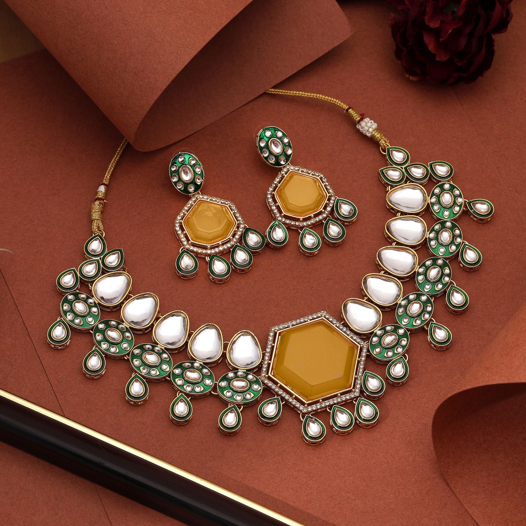 Designer Yellow Color Kundan Necklace Set With Traditional Stones For Festive Wear Jewellery