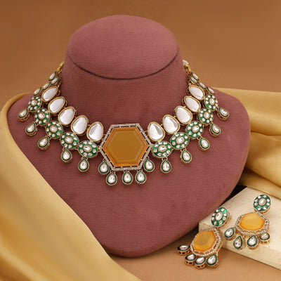 Designer Yellow Color Kundan Necklace Set With Traditional Stones For Festive Wear Jewellery