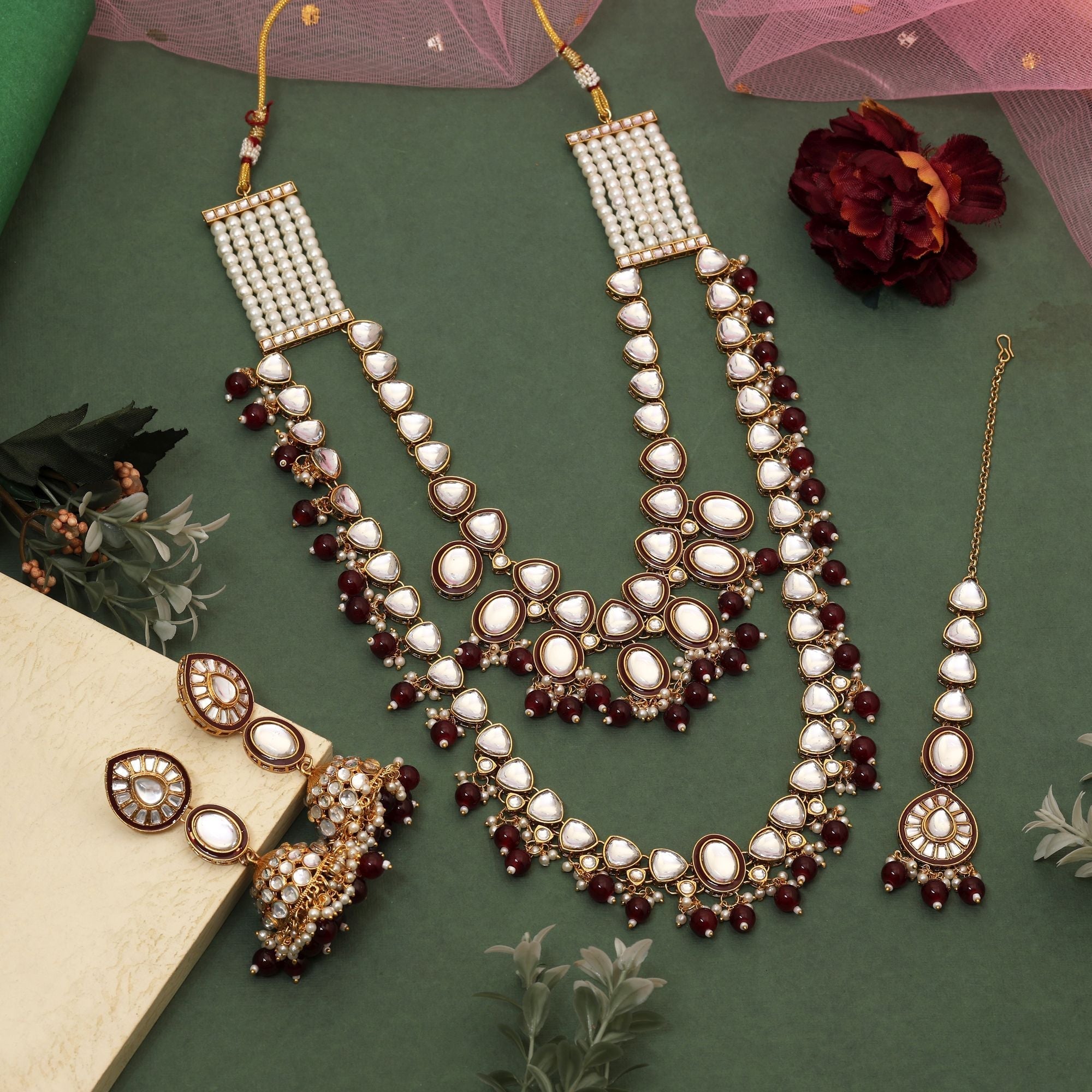 Royal Maroon Color Kundan Necklace Set Crafted For Festivals, Engagements, And Parties