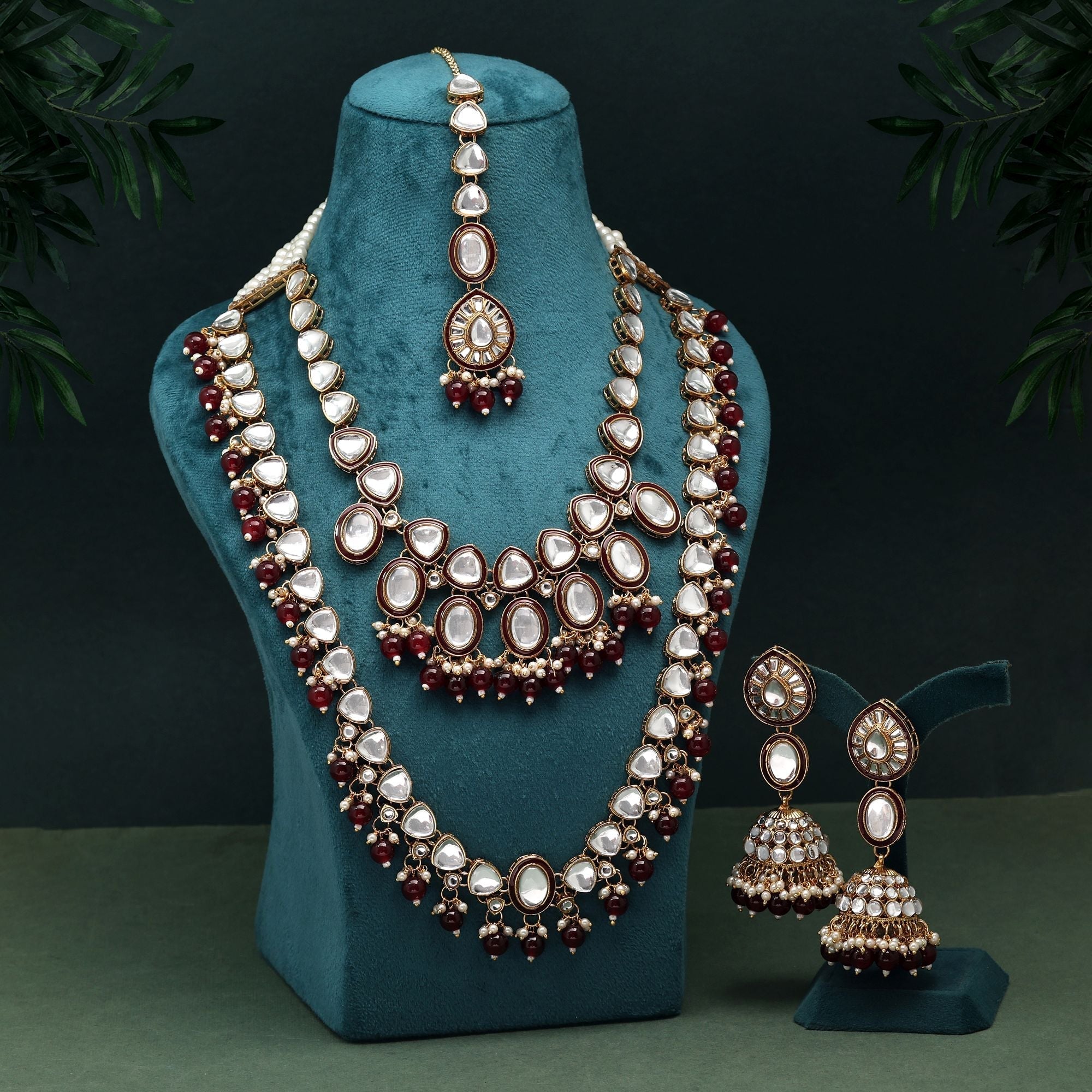 Royal Maroon Color Kundan Necklace Set Crafted For Festivals, Engagements, And Parties