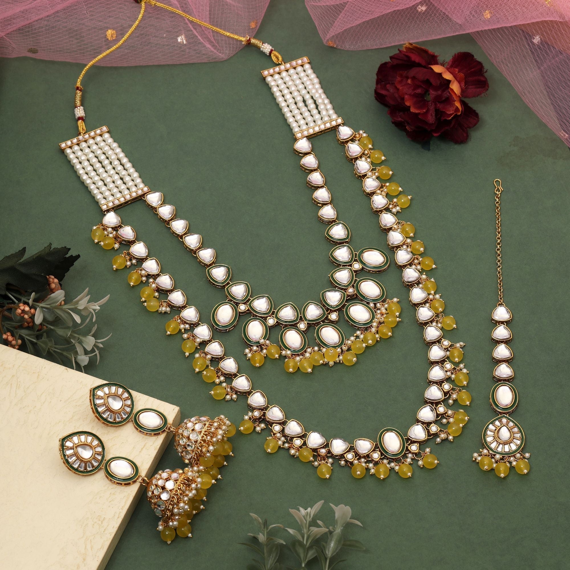 Stylish Yellow Color Kundan Necklace Set Designed With Artistic Craftsmanship For Women’S Jewelry