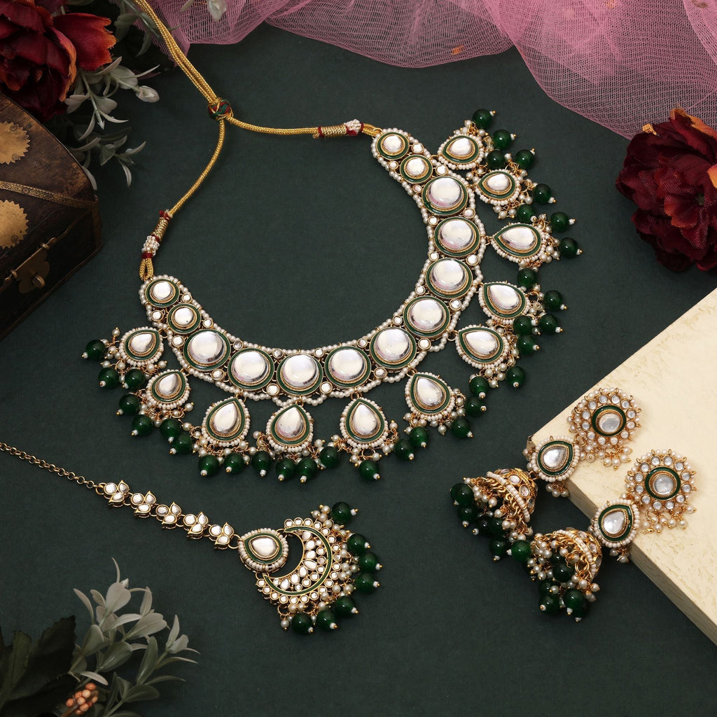 Beautiful Green Color Kundan Necklace Set Ideal For Cultural Functions And Bridal Styling
