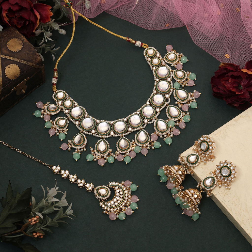 Attractive Pista Green And Pink Color Kundan Necklace Set Perfect For Indian Wedding Jewelry