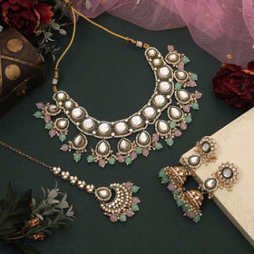 Attractive Pista Green And Pink Color Kundan Necklace Set Perfect For Indian Wedding Jewelry