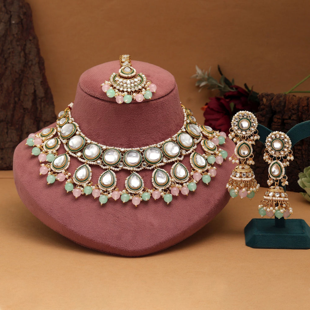 Attractive Pista Green And Pink Color Kundan Necklace Set Perfect For Indian Wedding Jewelry