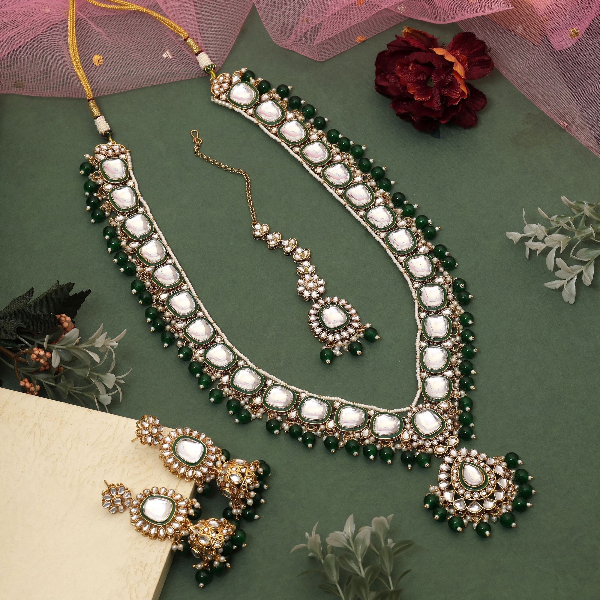 Stylish Green Color Kundan Necklace Set Designed With Premium Detailing For Party And Festival Wear