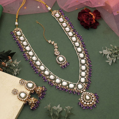 Royal Purple Color Kundan Necklace Set Designed For Engagements, Weddings, And Ethnic Outfits
