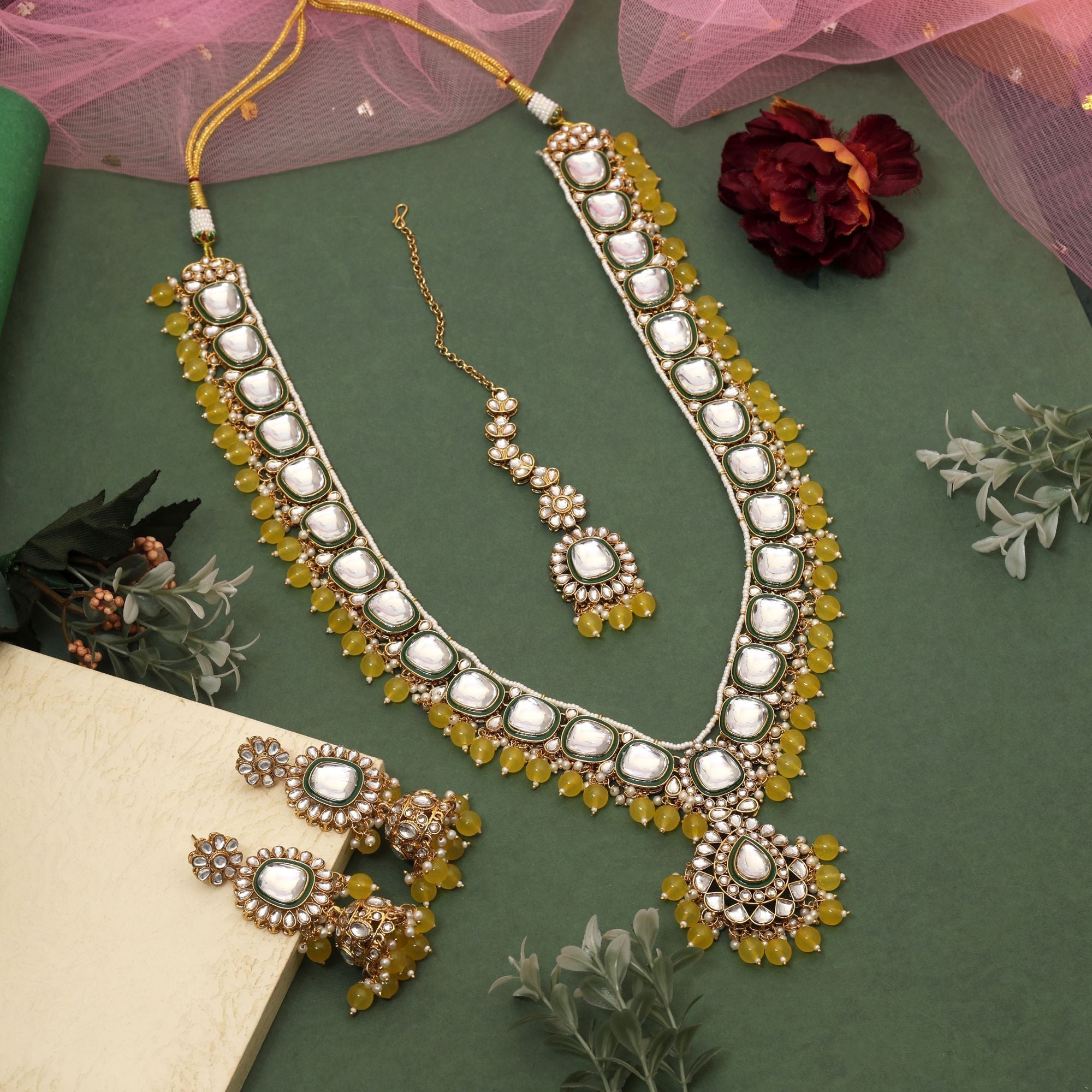 Gorgeous Yellow Color Kundan Necklace Set Crafted With Handmade Artistic Detailing For Bridal Fashion