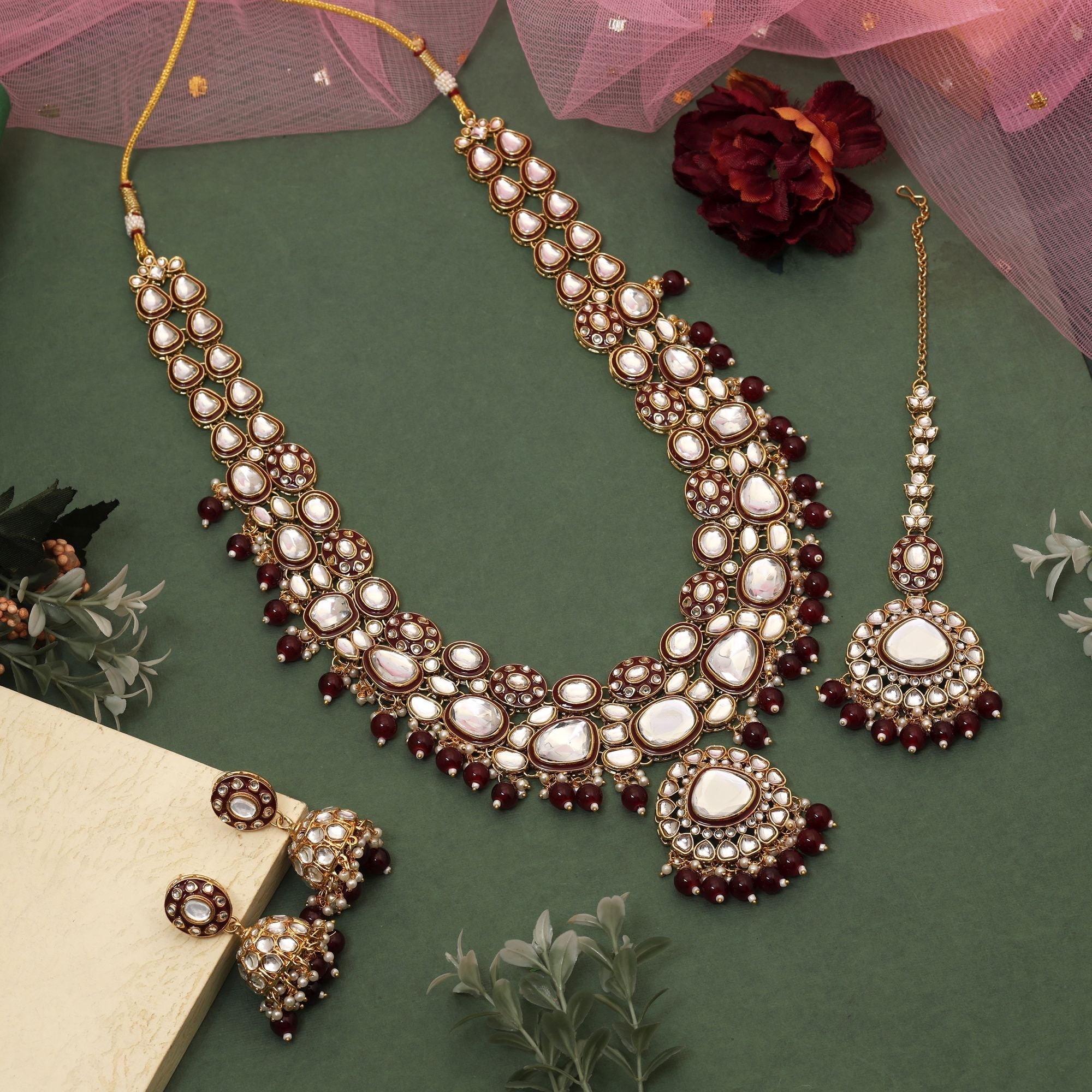 Beautiful Maroon Color Meena Work Kundan Necklace Set Perfect For Brides And Festive Occasions