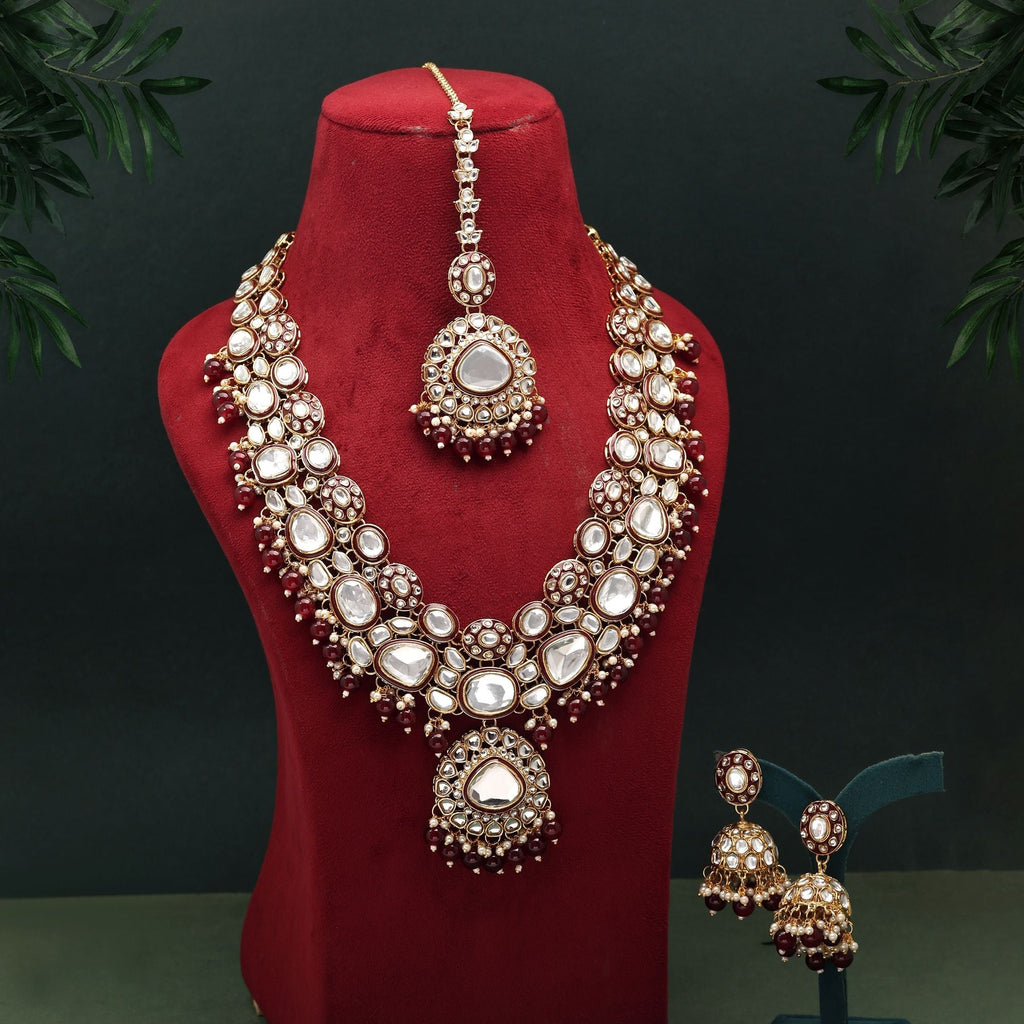 Beautiful Maroon Color Meena Work Kundan Necklace Set Perfect For Brides And Festive Occasions