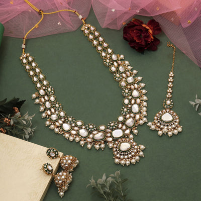 Elegant White Color Meena Work Kundan Necklace Set Designed For Wedding Jewelry Styling